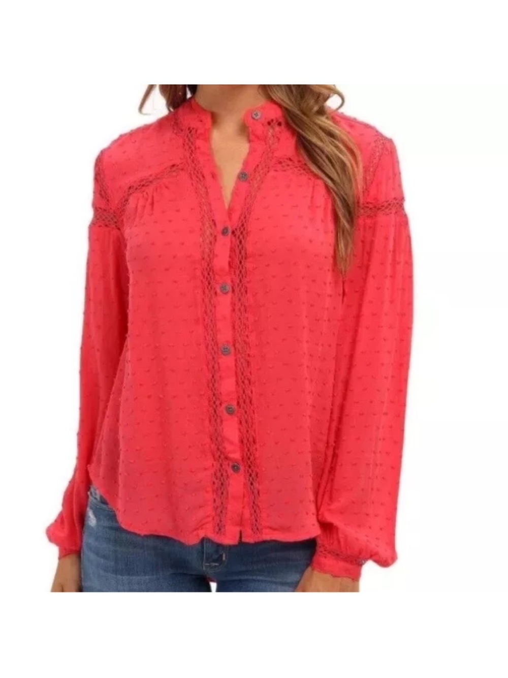Free People Strawberry Lace-Trim Button Down Blouse